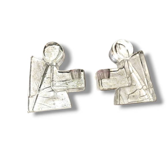 Pair Of Vintage Wiesenthal Hutte Glacier Ice Textured Glass Angel Candle Holders - Picture 2 of 9